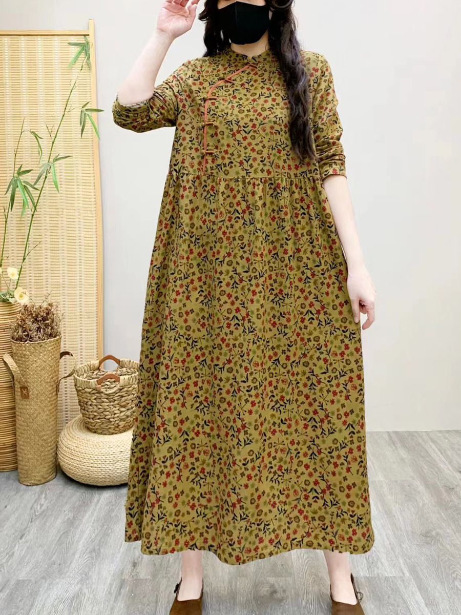 2024春款棉麻碎花连衣裙国风旗袍领长袖文艺女式复古长裙-阿里巴巴