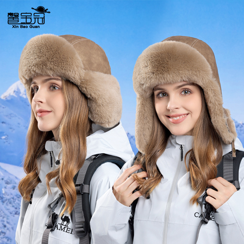 winter outdoors windproof earflaps sleeve cap big head circumference thickened fleece ushanka riding cold-proof warm hat for women