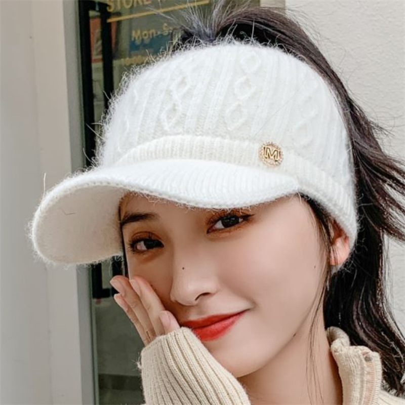 网红帽子女秋冬新款兔毛毛线帽加绒针织空顶鸭舌帽护耳保暖棒球帽