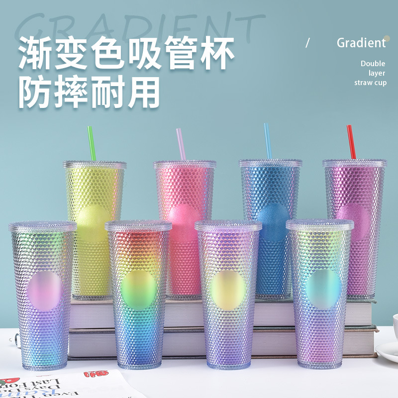 trending creative gradient color double-layer cup with straw diamond durian cup with light portable large capacity plastic cup wholesale