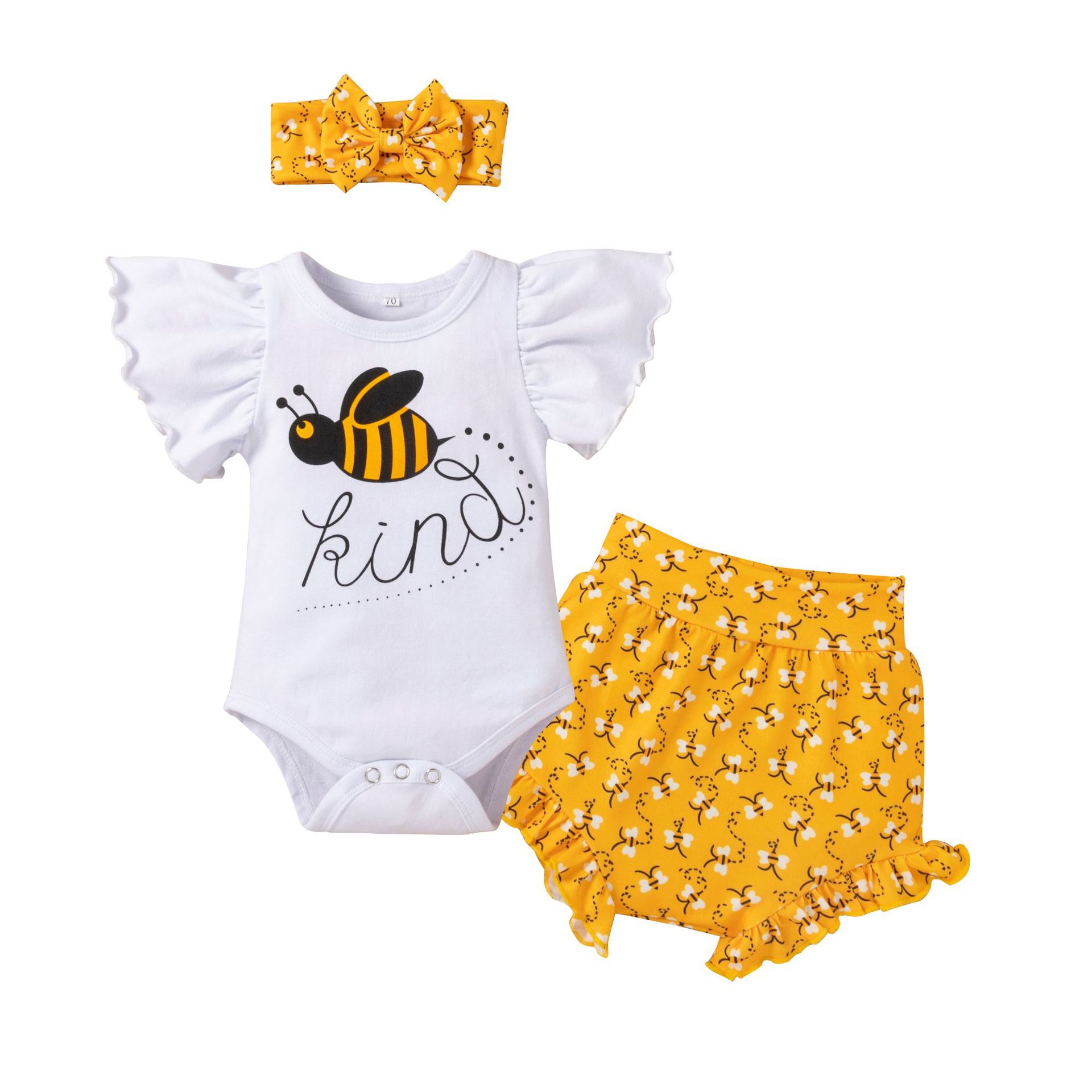 Cross-Border Children's Clothing Baby Ins Summer Short-Sleeved Suit Printed Shorts with Hair Band Three-Piece Set Foreign Trade Baby Children's Clothing Baby Clothes