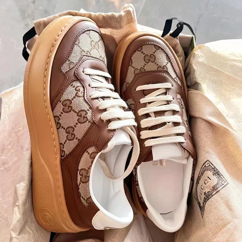 酷奇女鞋老花复古帆布真皮厚底2022春夏运动休闲饼干鞋系带板鞋潮