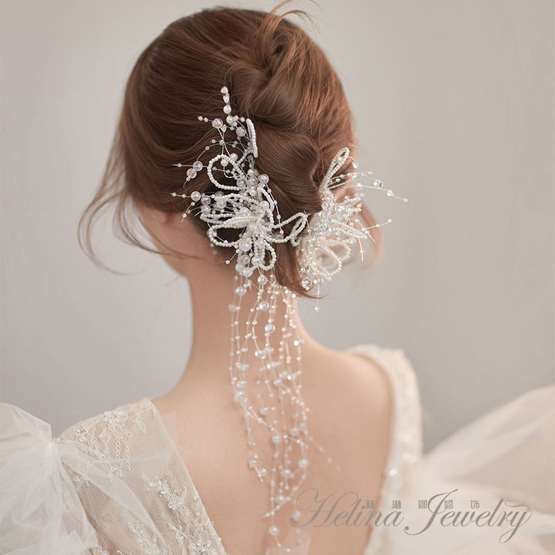 日韩新娘结婚头饰森系超仙唯美珍珠头花流苏发夹边夹发饰婚纱配饰