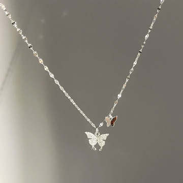 蝴蝶足银999项链女小众设计轻奢款锆石锁骨链ins风波光粼粼吊坠