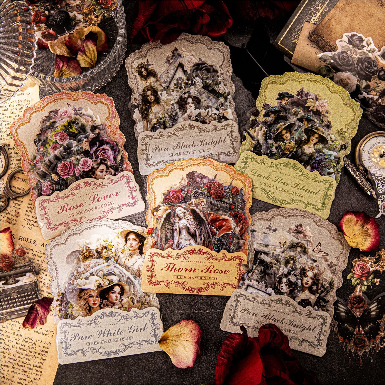 糖诗贴纸包荆棘庄园系列复古pet手帐diy装饰拼贴打底素材贴画 6款