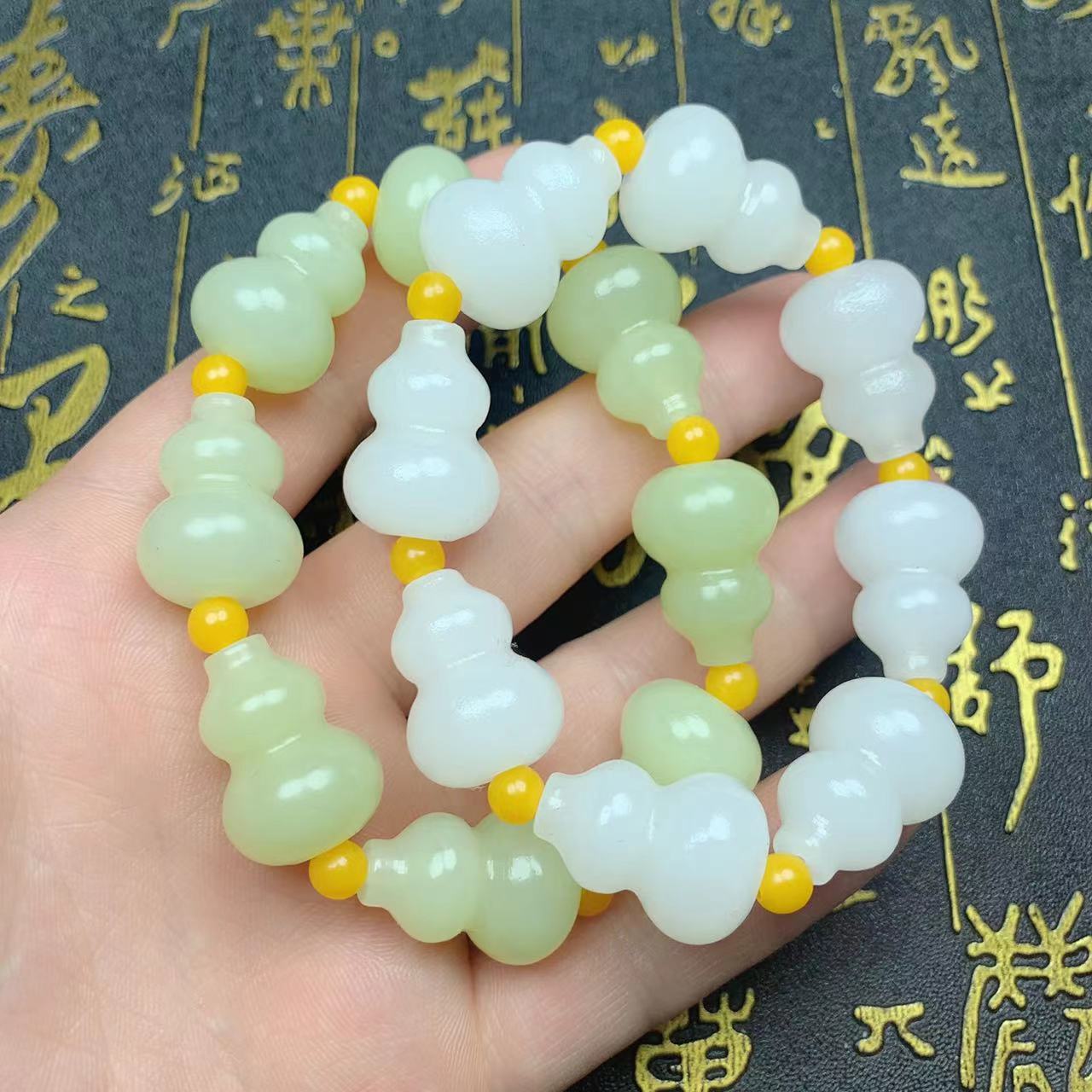 天然白玉 青白玉 手串  阿富汗玉立体葫芦手链 手持 项链手饰批发