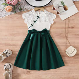女童蕾丝花边上领国风斜边假扣接纯色梭织休闲连衣裙含腰带两件套