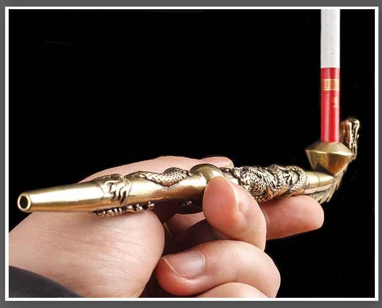纯铜烟杆老式复古龙头雕刻便携男士卷烟用五孔长烟斗创意直通烟杆