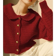 娃娃领针织开衫女装设计感欧货红色洋气短款毛衣外套小个子上衣潮