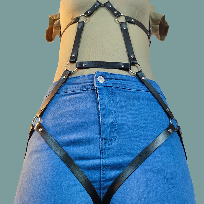 低价批发时尚情趣用品女用连体全身捆绑皮革情趣束缚衣黑色吊袜带