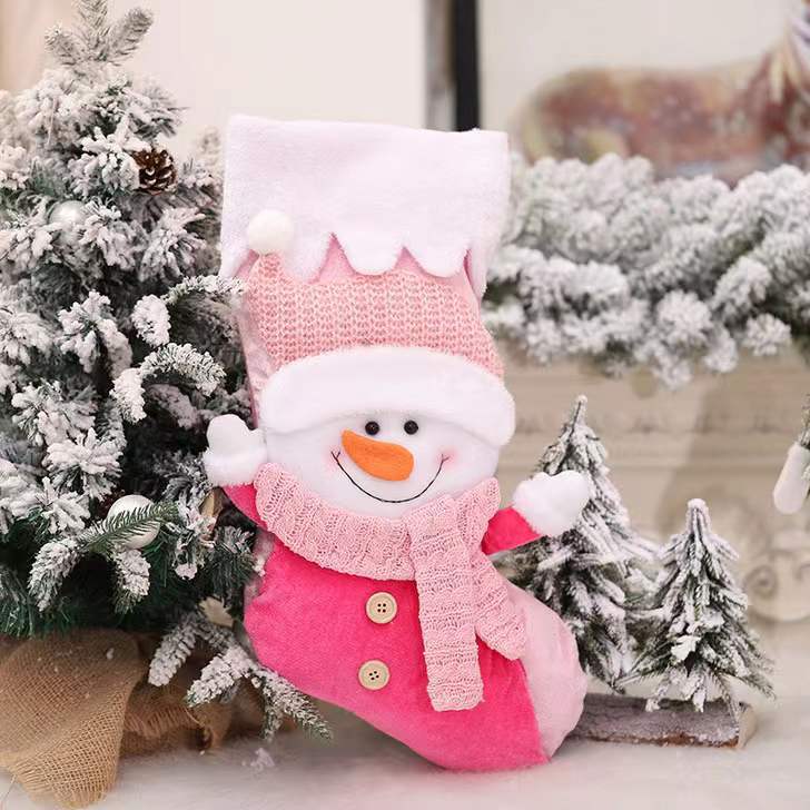 Christmas Decoration Three-Dimensional Old Snowman Doll Raise Your Hand Christmas Stockings White Edge Pink Candy Bag Gift Gift Bag