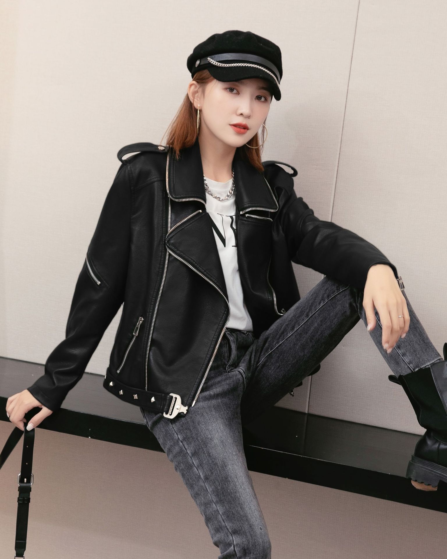 2022春秋新款皮衣外套女pu机车街头拉链潮人皮外套皮夹克