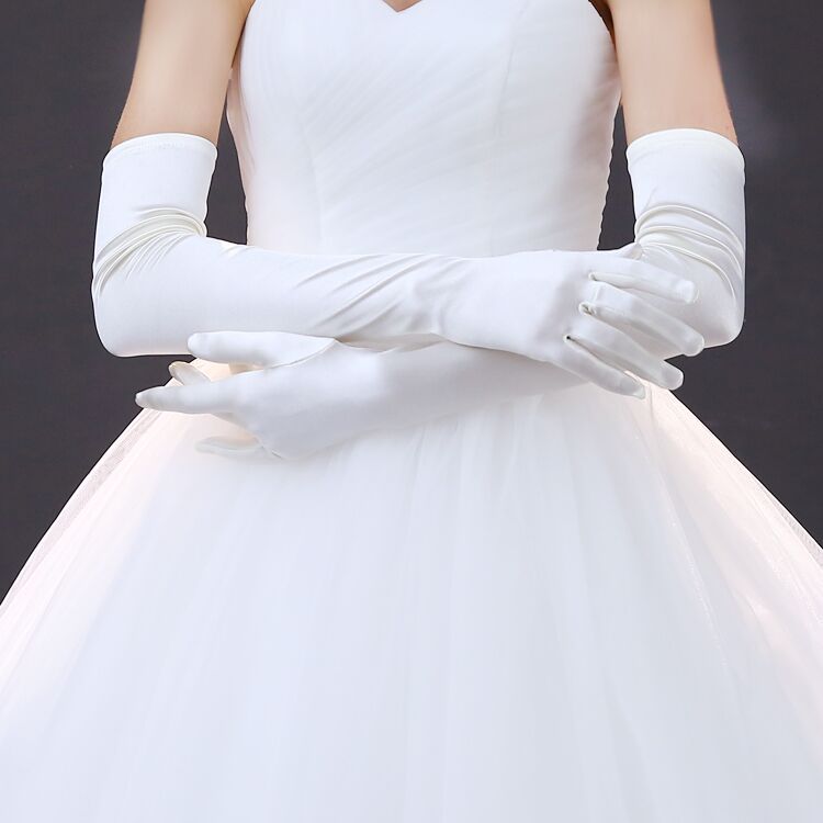 秋冬新款缎面长款白色新娘手套素面全指婚纱手套婚礼白手套演出