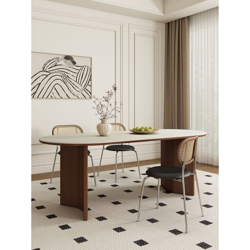 法式复古实木餐桌设计师款网红小户型中古风椭圆形洞石岩板餐桌-