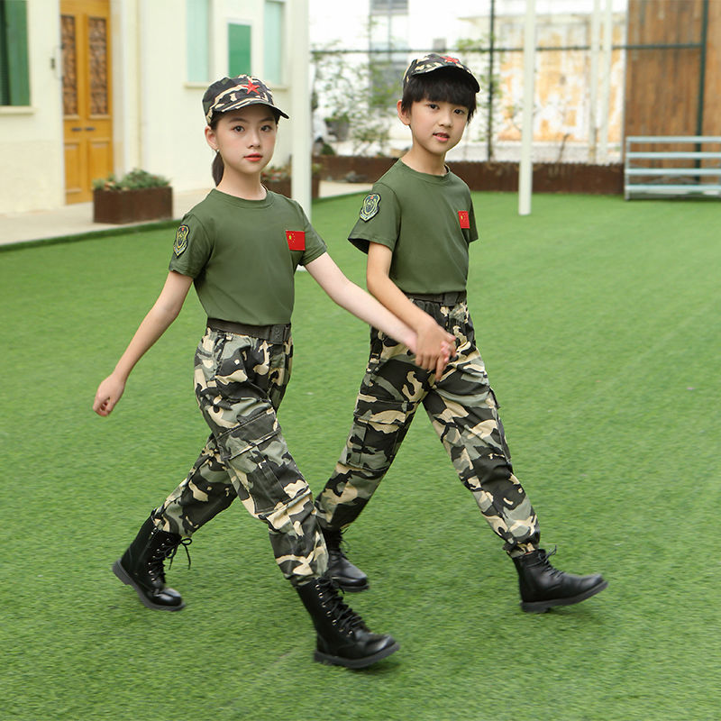 儿童棉迷彩夏装短袖套装男女童军训夏令营小学生种兵集训-阿里巴巴