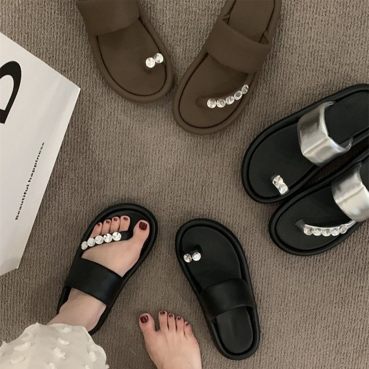 春夏新款法式小众水钻松糕厚底增高一字夹脚凉拖鞋女百搭凉鞋现货