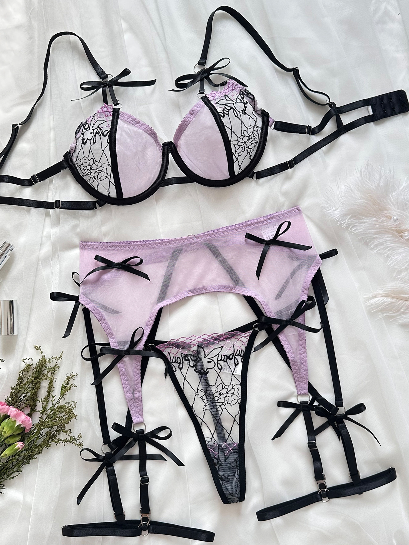 Europe and America Cross Border Fashion Embroidery Joint Sheer Mesh Sexy Suit Bow Sexy Underwear Four-Piece Set
