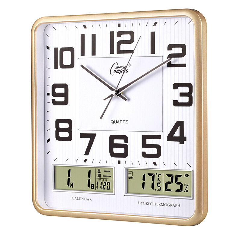 111v康巴丝挂钟万年历温湿度钟表客厅时钟方形日历石英钟表szg125
