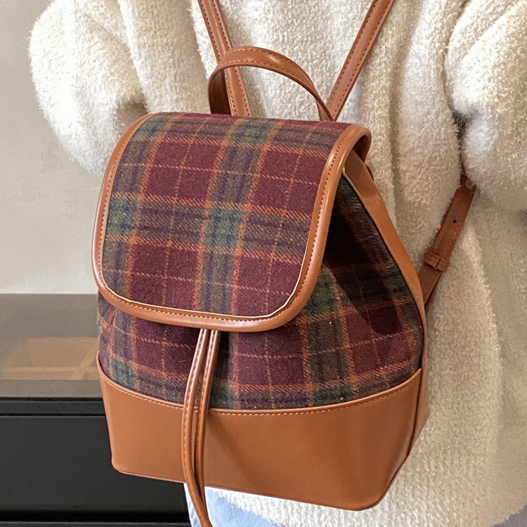 毛呢格子包复古学院双肩包女包包2023新款韩国英伦风格子手提包