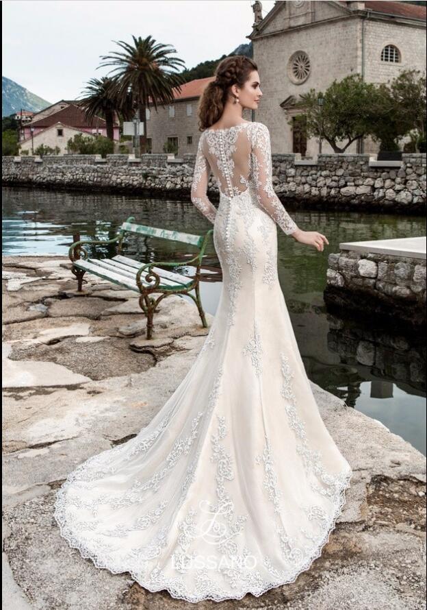 2021长袖园领露背显瘦修身鱼尾婚纱晚礼服外贸小拖尾欧美新娘婚纱