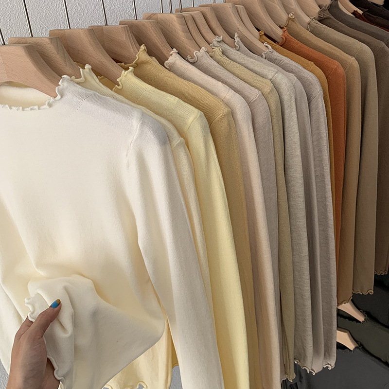 欧玛莱 木耳边半高领纯色修身显瘦长袖内搭打底针织衫上衣女 4923