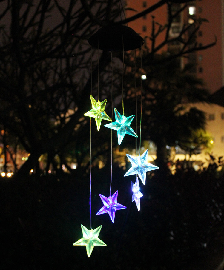 跨境热卖 太阳能星星风铃灯太阳能五角星led七彩慢闪风铃装饰吊灯