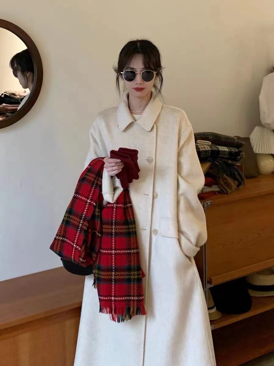 韩剧女主米白色羊绒毛呢外套女高级感双面呢大衣冬季新款-阿里巴巴