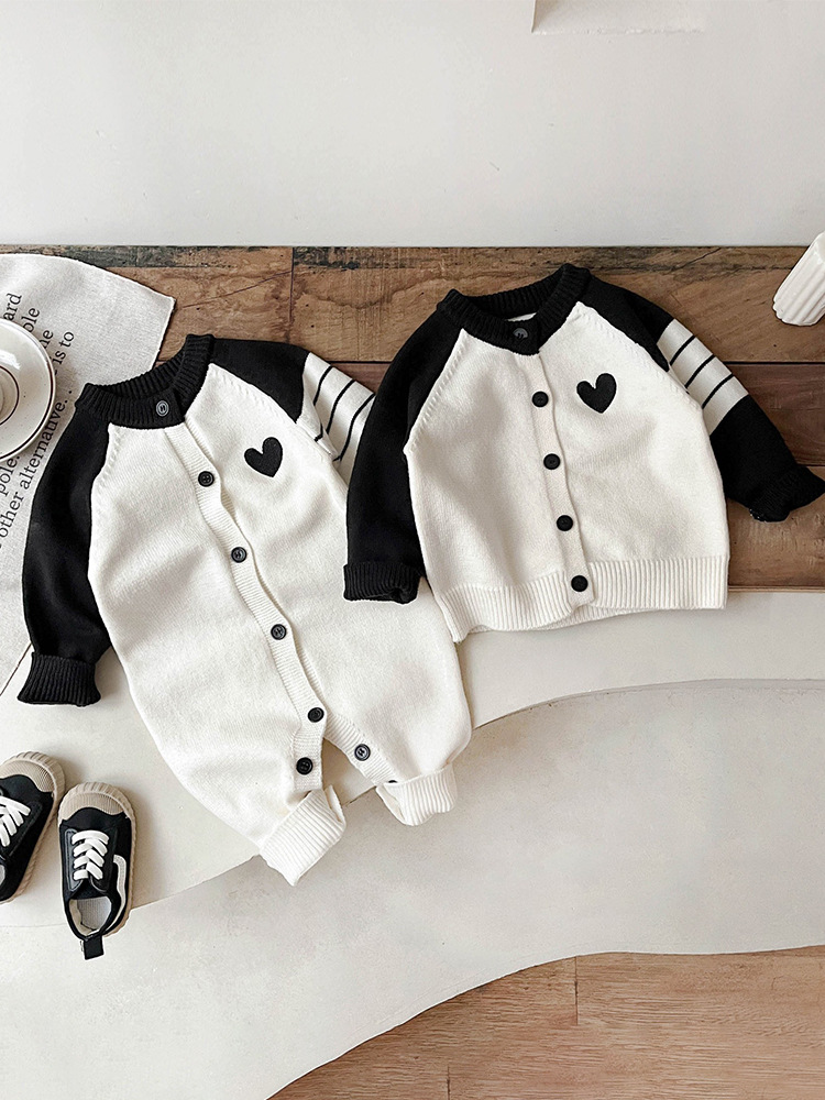 Baby Sweater Romper Spring and Autumn New Newborn Baby Korean Style Contrast Color Bar Lovely Knitted Trousers Jumpsuit Baby Clothes