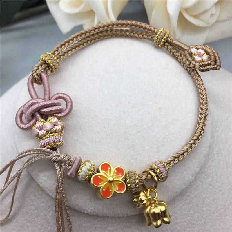 半成品手工编绳桃花璎珞双耳结手链可穿黄转运金珠平安扣八股手绳