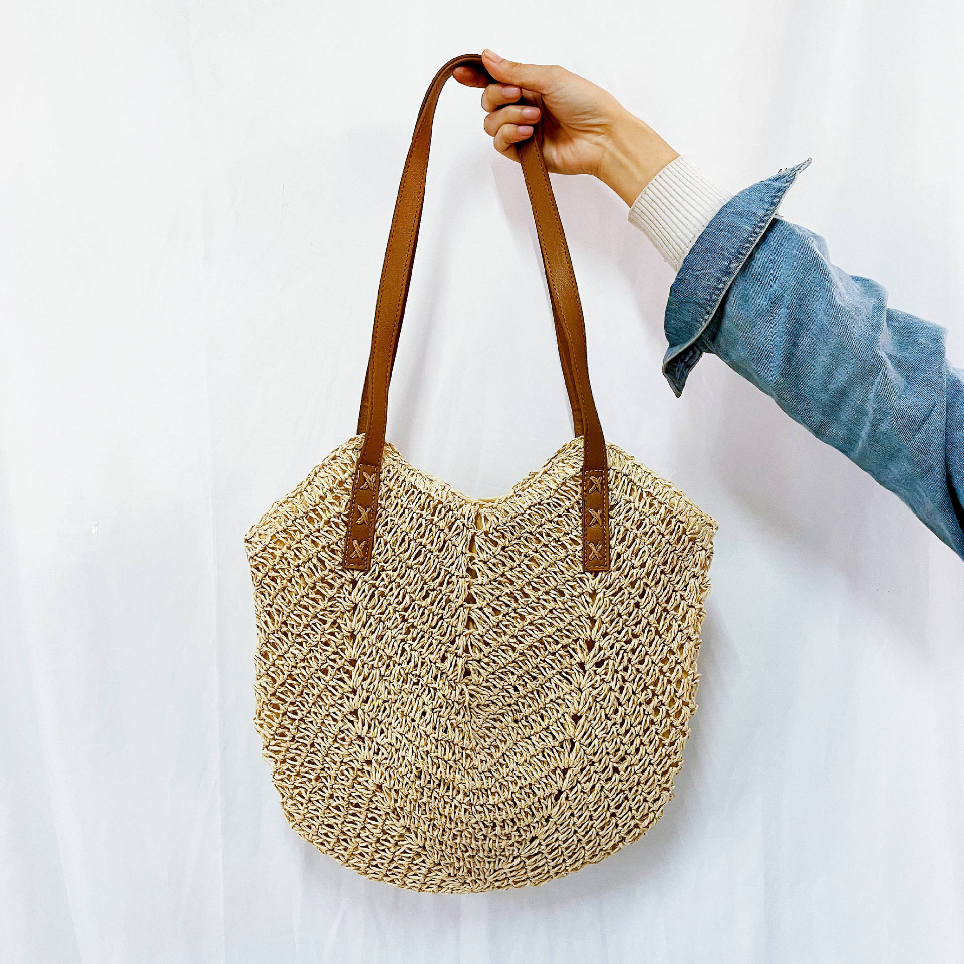 New Hand-Woven Bag Fashion Women Shoulder Bag Straw Bag Paper String Vacation Beach Bag Shoulder Back