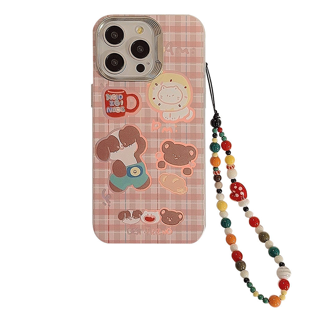 Cute Plaid Small Animal Suitable for Apple 14promax Phone Case Iphone15 Laser 12 Color Chain 13 Hard 11