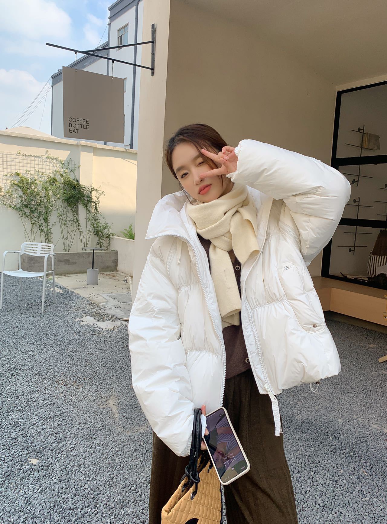 新品欧美时尚白鸭绒短款90羽绒服连帽抽绳长袖纯色简约保暖外套女