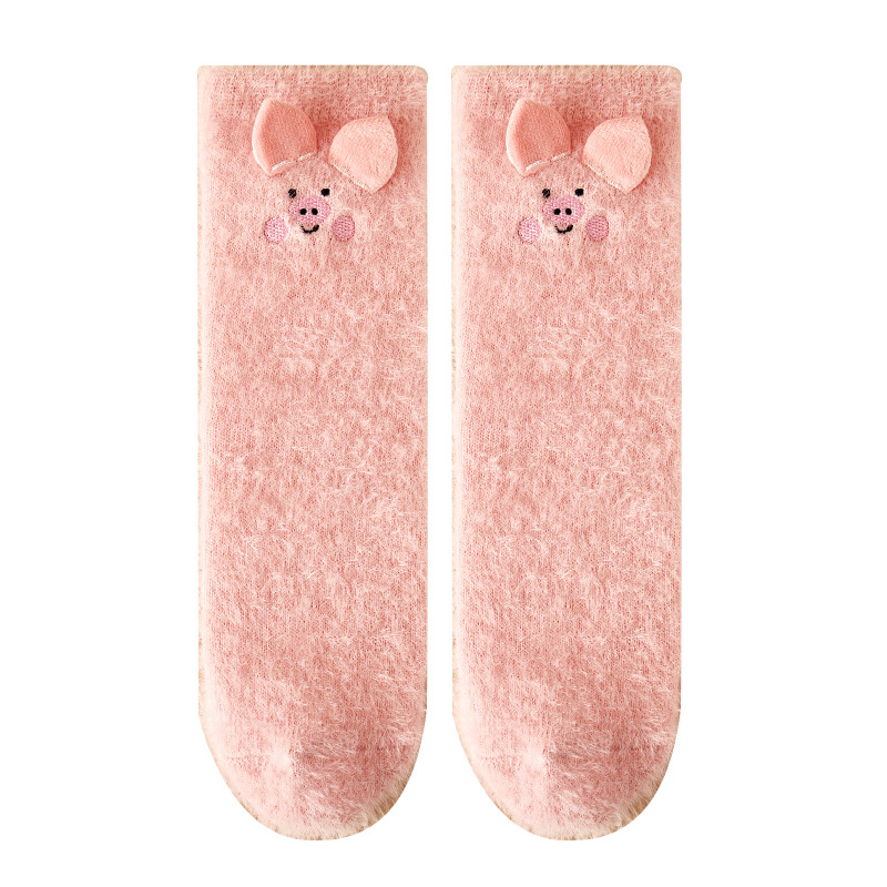 Autumn and Winter Sleeping Socks Fleece-lined Warm and Cute Cartoon Home Confinement Socks Female Zhuji Coral Velvet Tube Socks