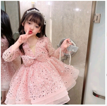 粉色亮片女童蓬蓬纱裙花童礼服速卖通跨境儿童长袖周岁礼服公主裙