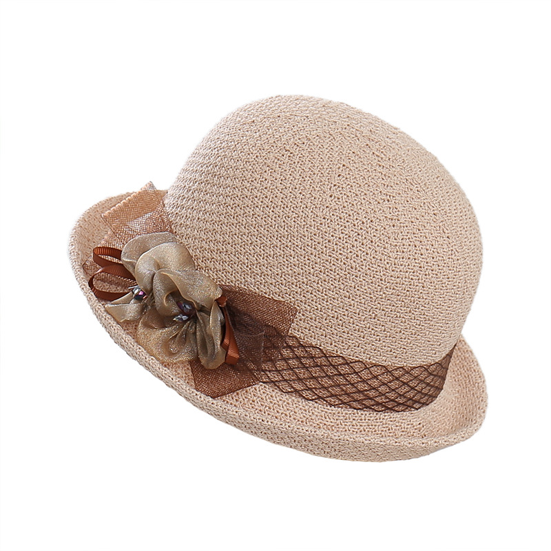 2023 Summer New Style Flanging Small round Hat Korean Style Casual Beach Sun Hat Temperament Straw Hat Ribbon Flower Bowler Hat