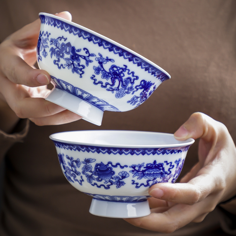 景德镇青花瓷碗碟中式家用瓷碗饭碗白瓷单个餐具仿古高脚八宝碗