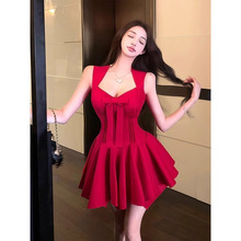 蝴蝶结红色连衣裙玫瑰人生夏季高级法式矜贵千金收腰显瘦a字短裙