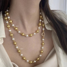 新款镶锆石拼色串珠设计施家珍珠项链高级精致轻奢小众长款毛衣链