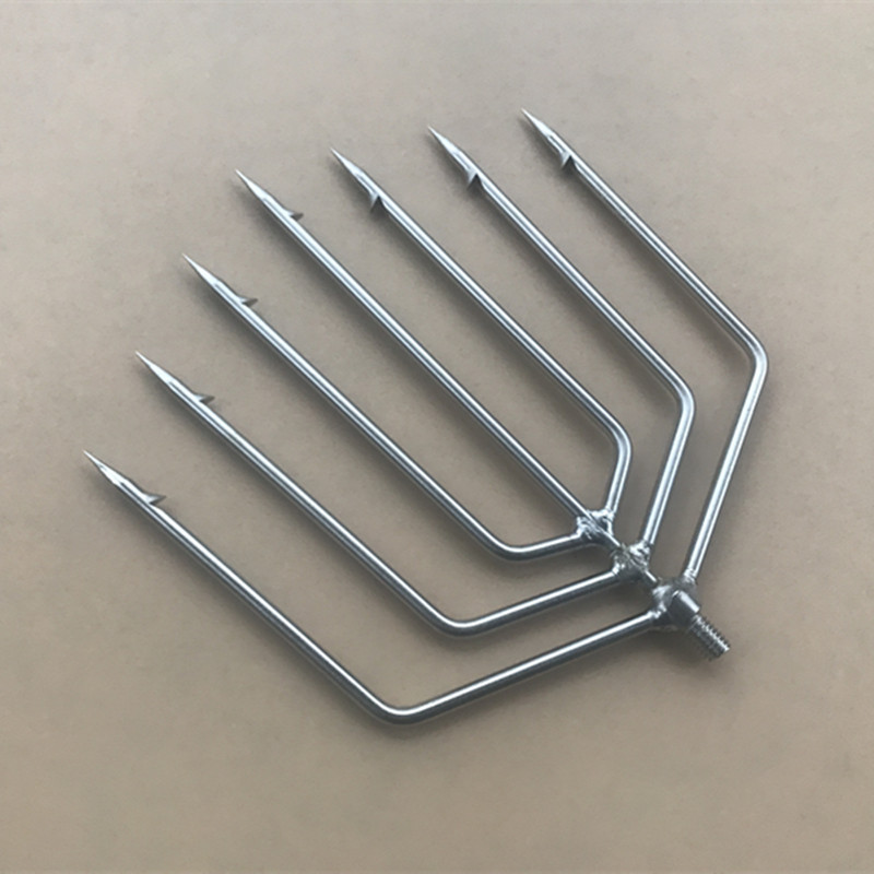 7齿排叉圆尖一字扁平鱼叉 不锈钢伸缩杆铆钉加固任意定位倒刺渔插