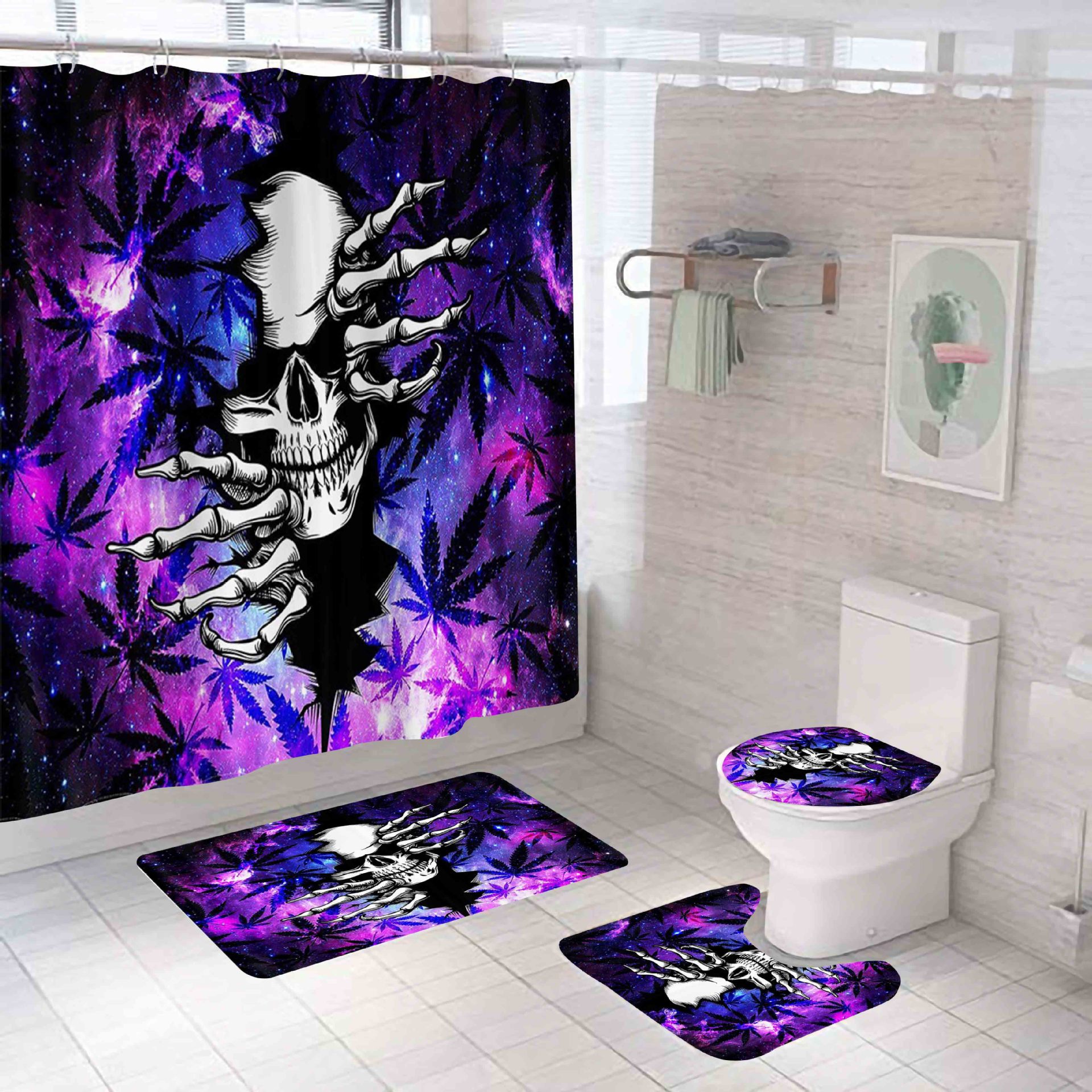 New Hot Halloween Skull Series Mildew-Proof Waterproof Polyester Bathroom Shower Curtain Four-Piece Factory Direct Sales