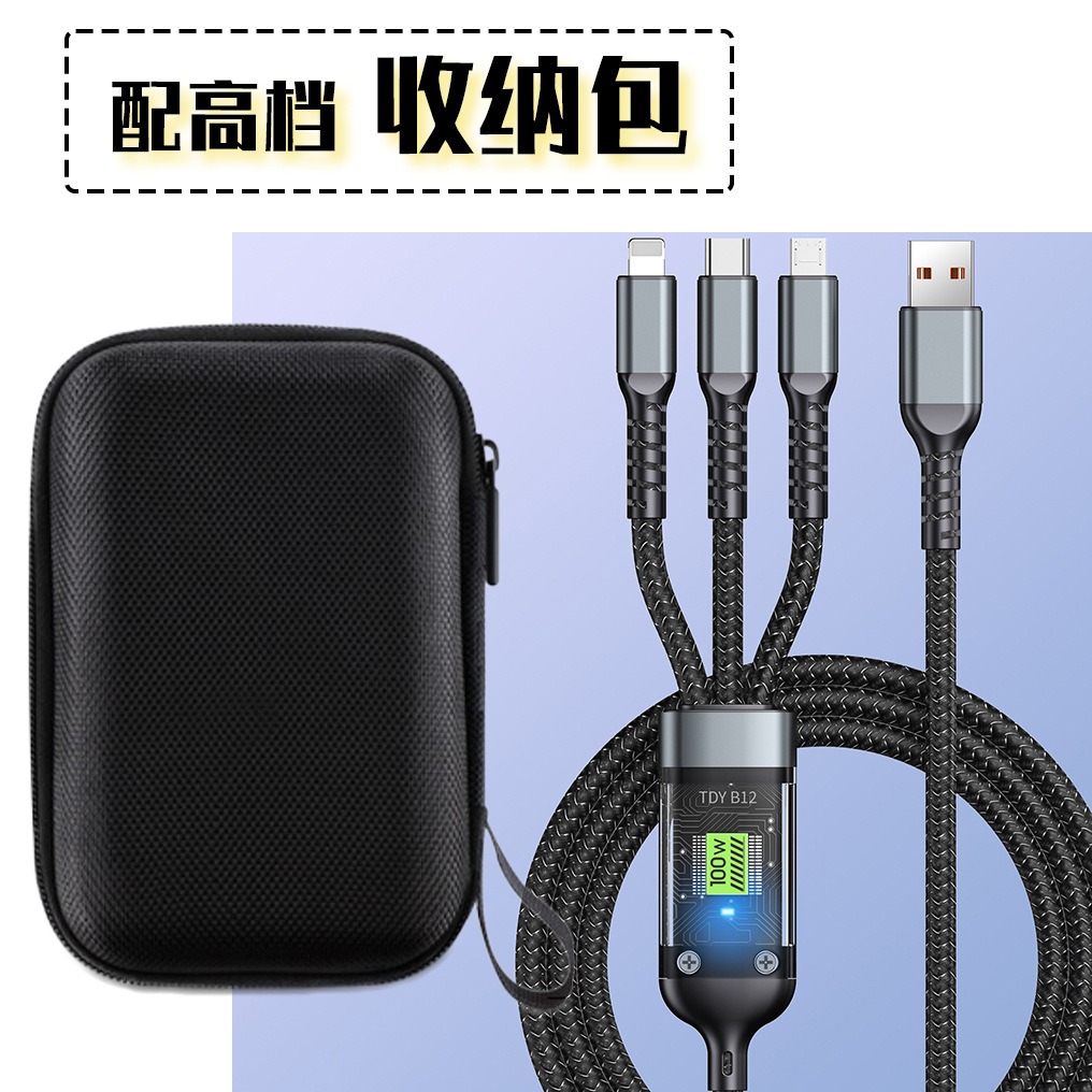 Transparent Luminous Three-in-One Data Cable 100W Fast Charge for Apple Android Huawei Xiaomi Three-in-One Charge Cable