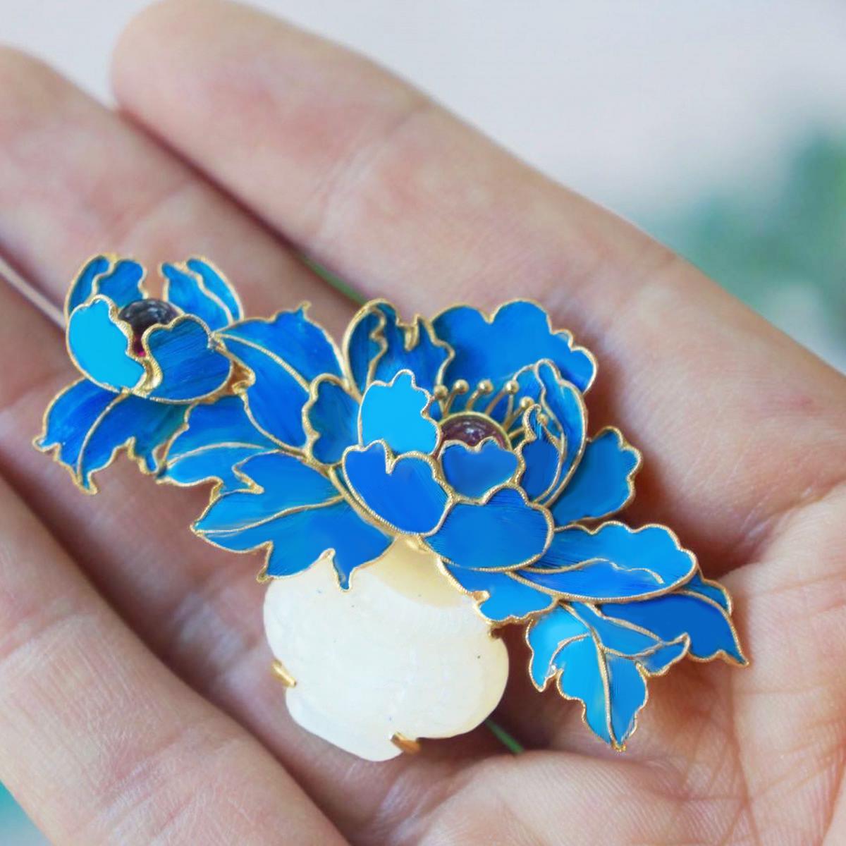 镀金色景泰蓝烧蓝嵌白玉花篮花瓶蓝牡丹胸针复古优雅古风旗袍礼物