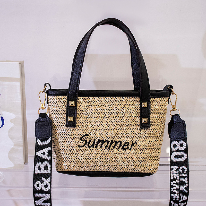 Women's Foreign Trade Bags Personality Rivets Woven Handbag Summer Casual Alphabet Embroidery Shoulder Messenger Bag One Piece Dropshipping
