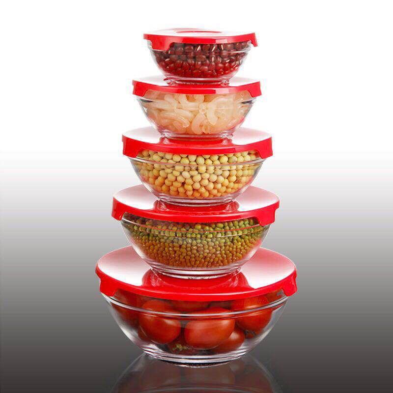 Glass Heat-Resistant Freshness Bowl Five-Piece Set with Lid 808 Bowl Food Storage Salad Instant Noodles Glass Mixing Bowls Shop Gifts