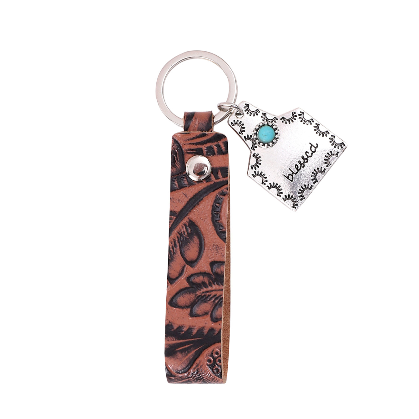 A Variety of Brown Leather Pattern Keychain Alloy Word Farm Sign Mother Natural Turquoise Cross-Border European and American Amazon