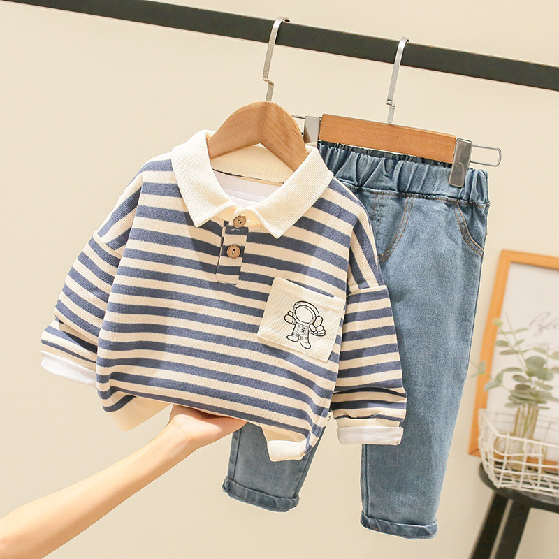 Children's Suit Boys and Girls Striped Astronaut Pocket Lapels Sweater Denim Trousers Spring and Autumn Women's Treasure Fashion Two-Piece Suit