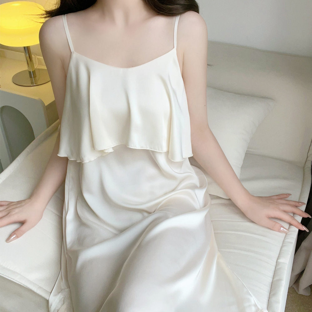 小个子冰丝吊带睡裙女夏季中长款纯欲风性感杏色家居服女士睡衣夏