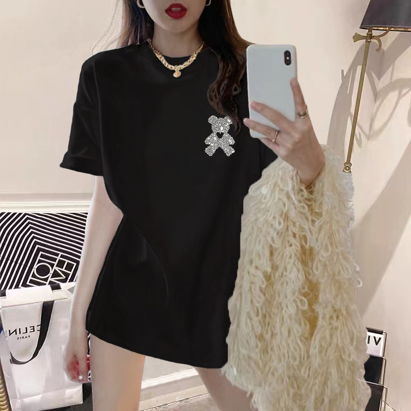 精梳棉欧货潮牌黑色烫钻小熊宽松短袖t恤女长款2024新款大版上衣i