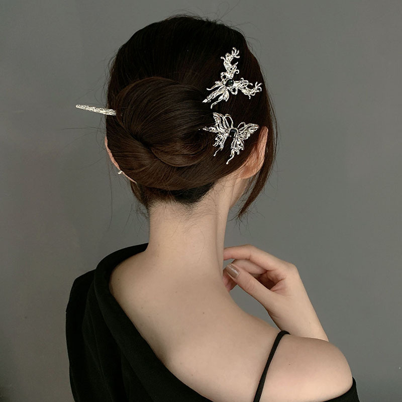 New Chinese Style Liquid Silver Metal Butterfly Hairpin High-Grade Design Niche Ancient Style Hair Ornaments Female Hair Clasp Accessories