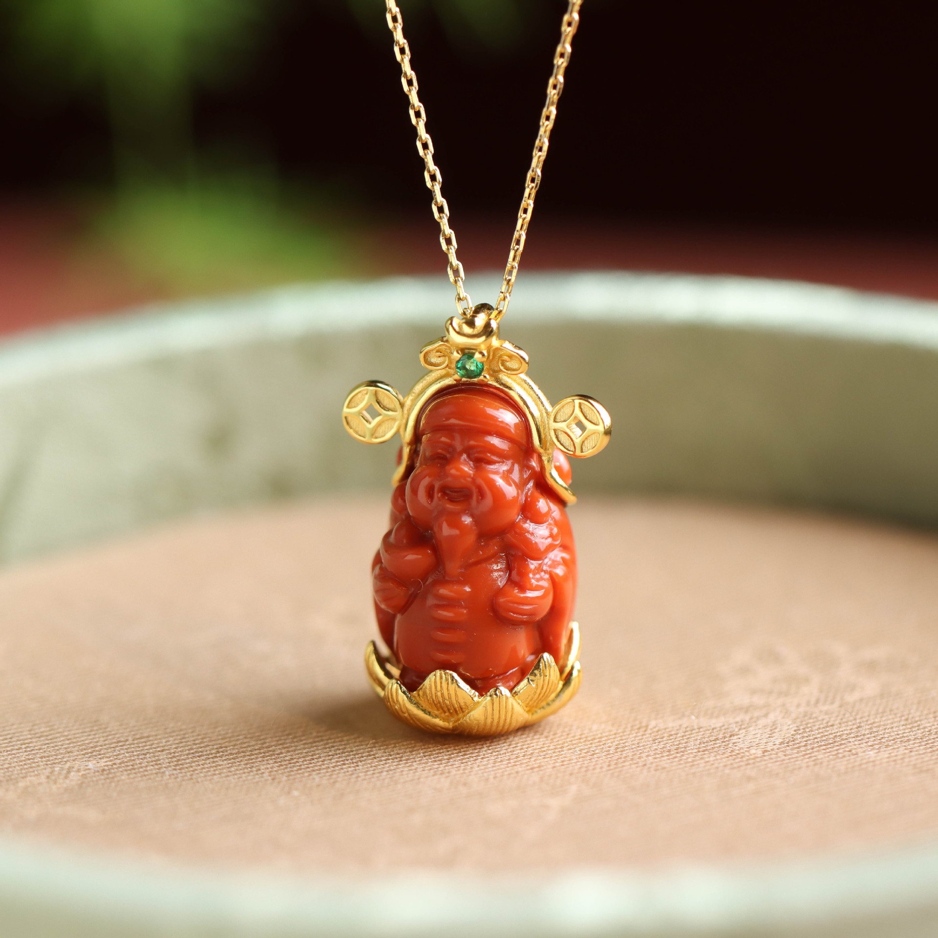 熹瑞s925银镀金镶嵌南红玛瑙莲蓬财神爷国潮国风气质女款吊坠